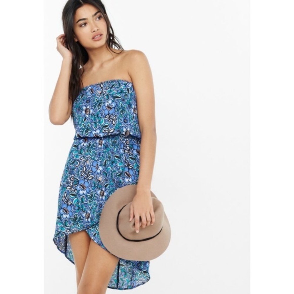 Express Strapless Blue Floral Multi-color Hi-Low Dress New Small